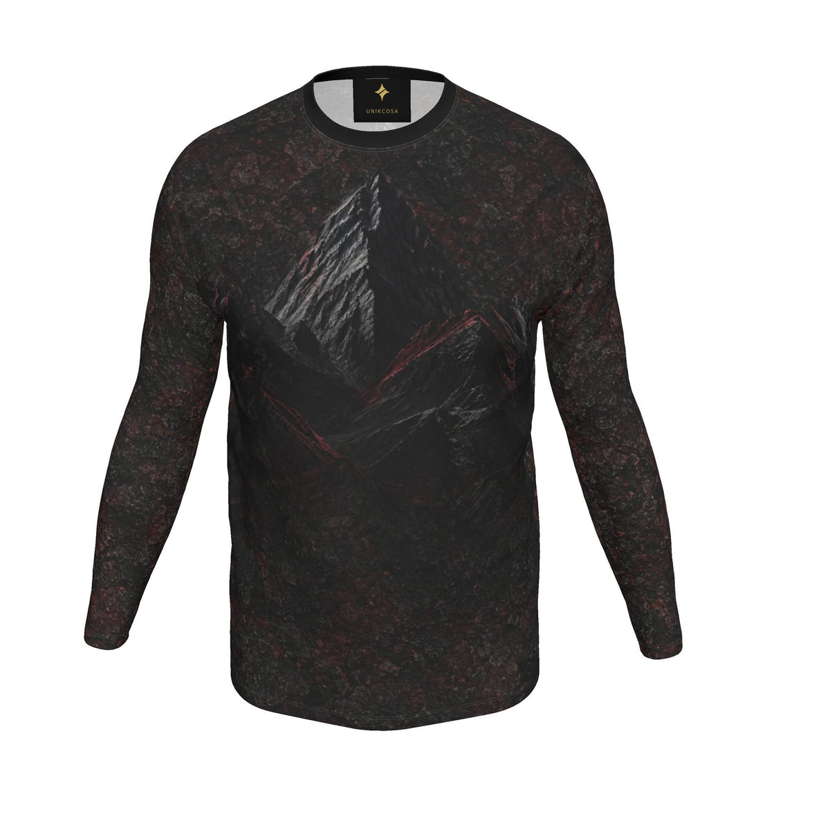 Crimson Ridge Luxury Long Sleeve T-Shirt by UNIKCOSA, final garment front three-quarter view