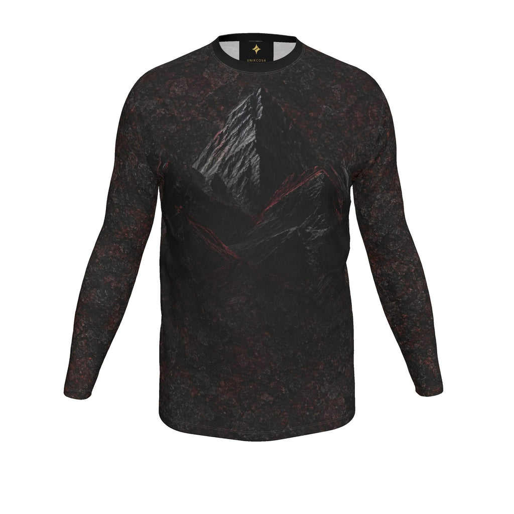 Crimson Ridge Luxury Long Sleeve T-Shirt by UNIKCOSA, final garment front view