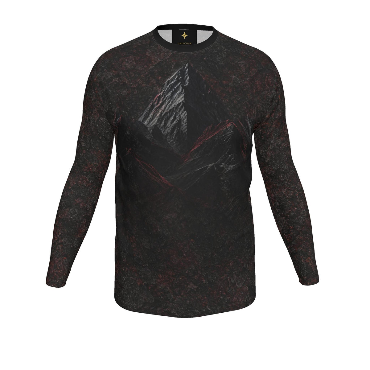 Crimson Ridge Luxury Long Sleeve T-Shirt by UNIKCOSA, final garment front view