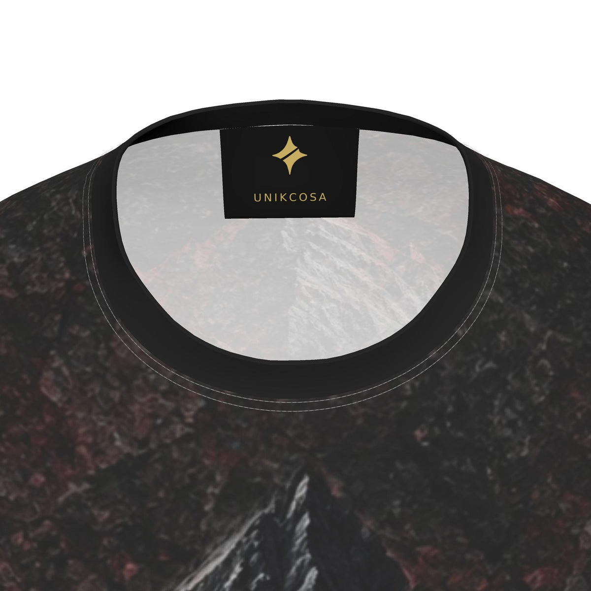 Crimson Ridge Luxury Long Sleeve T-Shirt by UNIKCOSA, final garment neckline close-up view