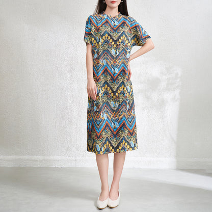 UNIKCOSA Velora Retro Pleated Midi Dress Literary Print 💫