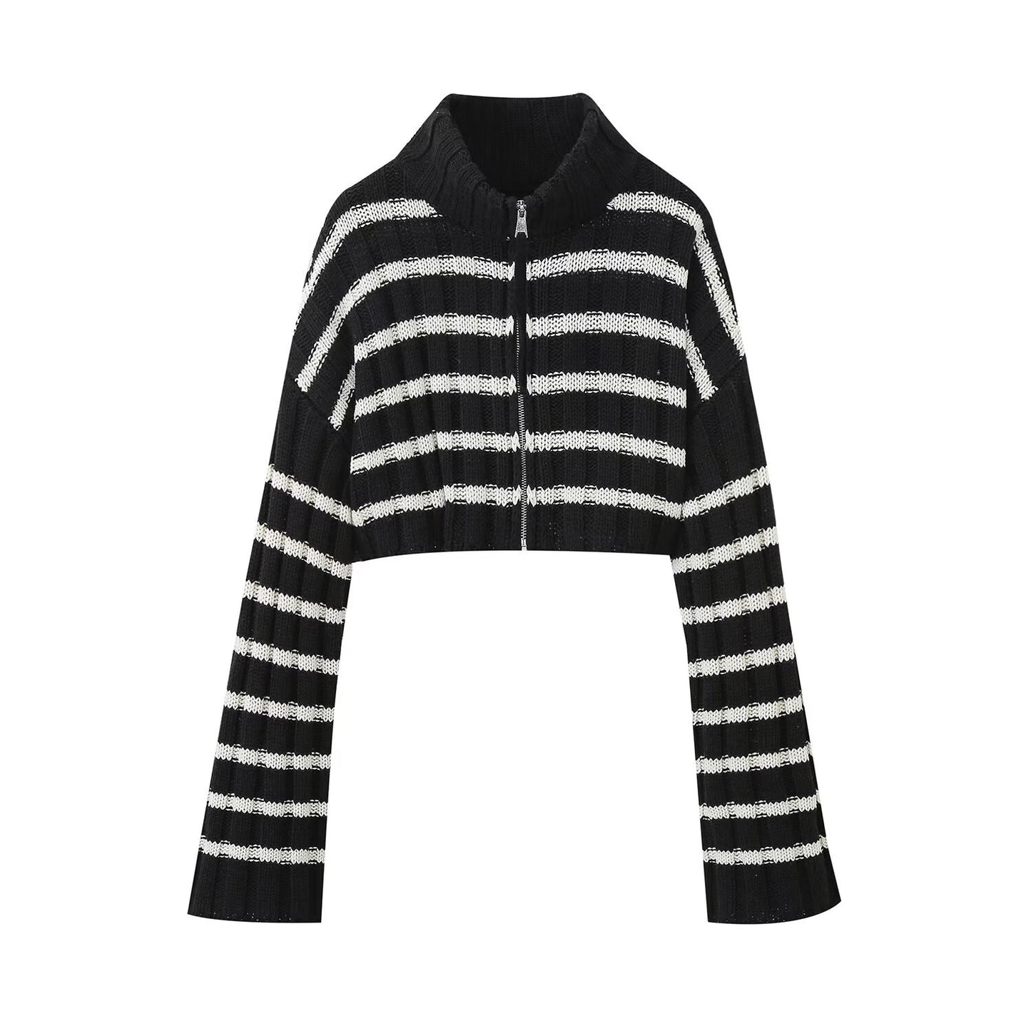 UNIKCOSA StripeLuxe Short Knitted Zipper Cardigan