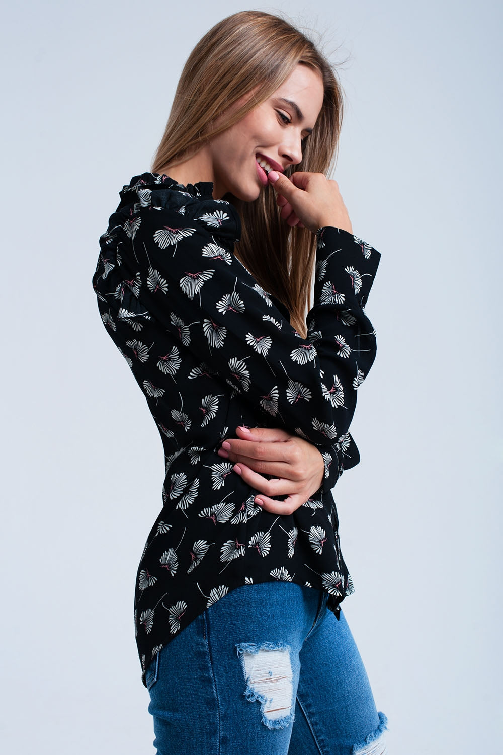 Black floral printed shirt