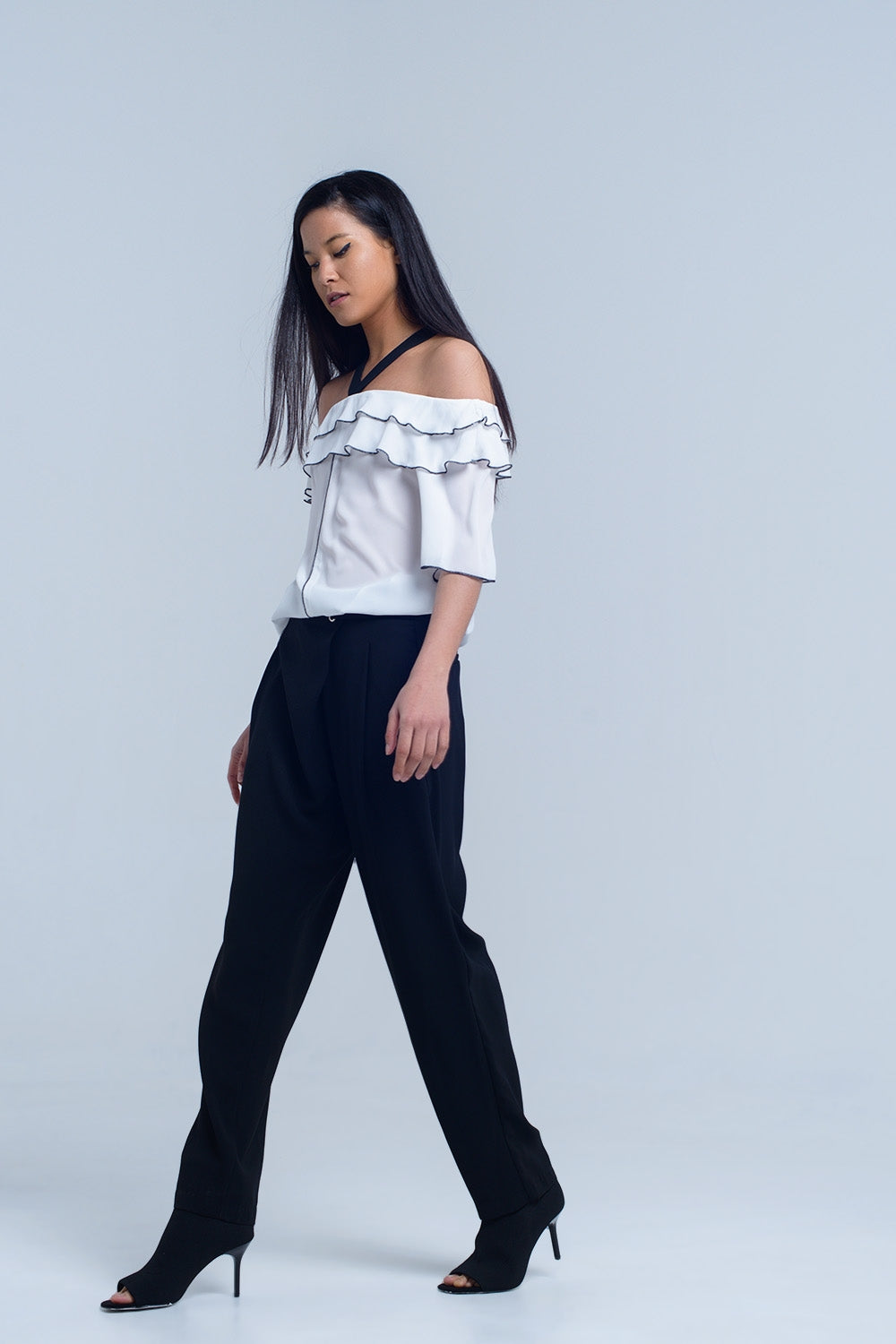 White top with black contrast trim