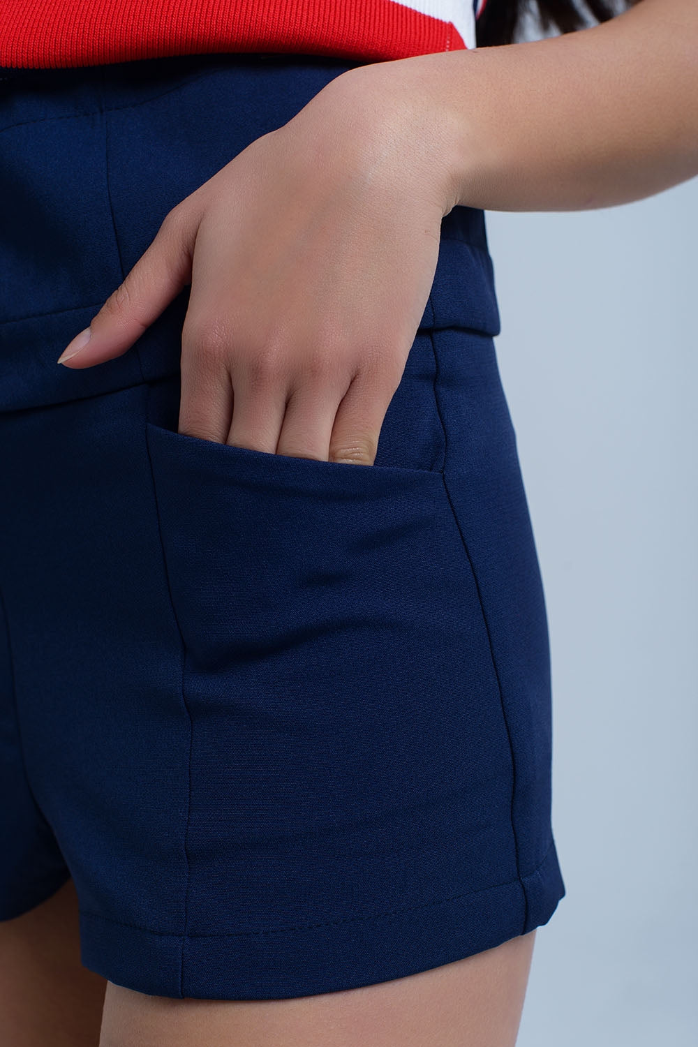 Navy short with tie detail