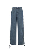 Woven Cotton Women's Straight Leg Pants Tie-up Casual