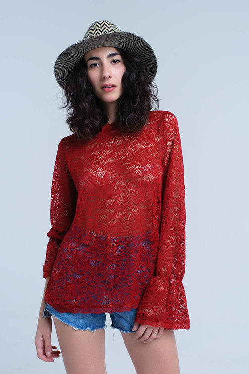 Burgundy sheer lace top with bell sleeves — view 1 of 9