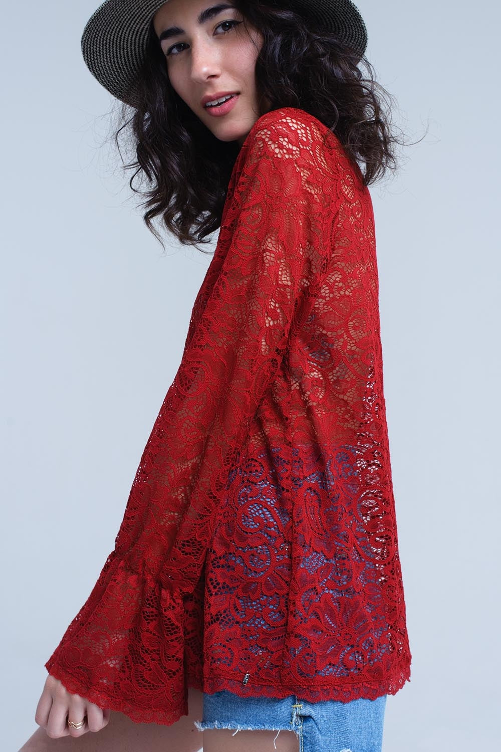 Burgundy sheer lace top with bell sleeves