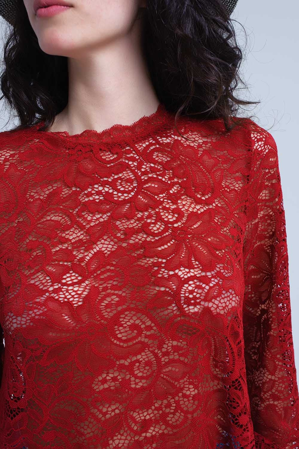 Burgundy sheer lace top with bell sleeves