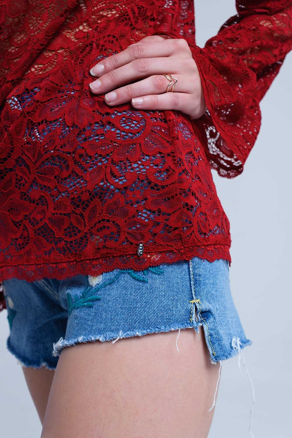 Burgundy sheer lace top with bell sleeves