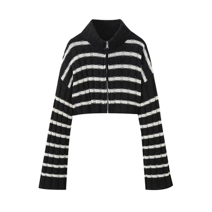 UNIKCOSA StripeLuxe Short Knitted Zipper Cardigan