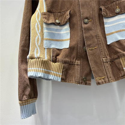 Unikcosa Women's Stand Collar Contrast Stitching Loose-Fit Denim Jacket