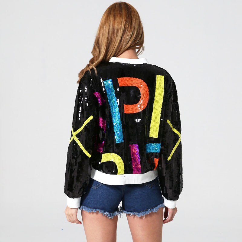 UNIKCOSA Sequined Letter Bomber Jacket — “PERHAPS U” Multicolor Statement Outerwear ✨