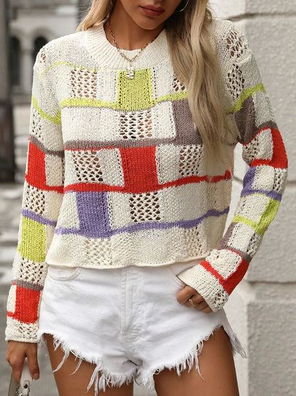 UNIKCOSA OpenWeave Colorblock Sweater — Chic Round-Neck Knit for Effortless Style 🧶