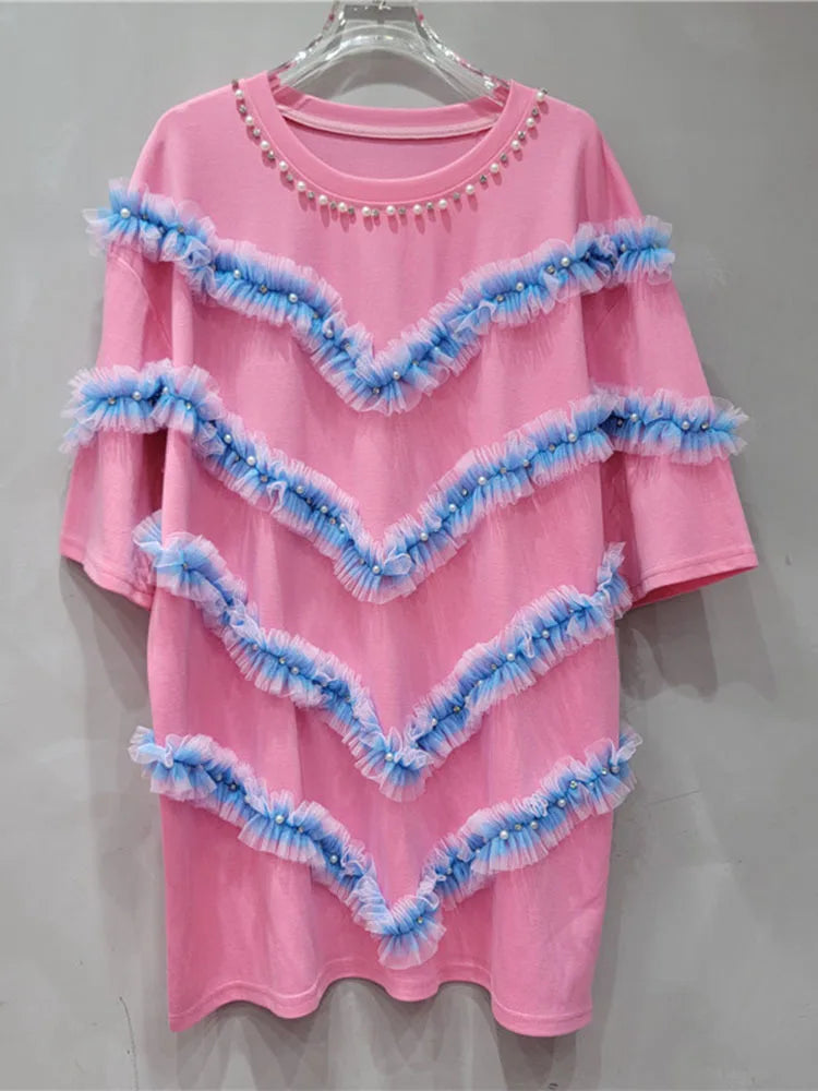 UNIKCOSA CrystalFlair Rhinestone Mesh Ruffle T-Shirt for Women ✨