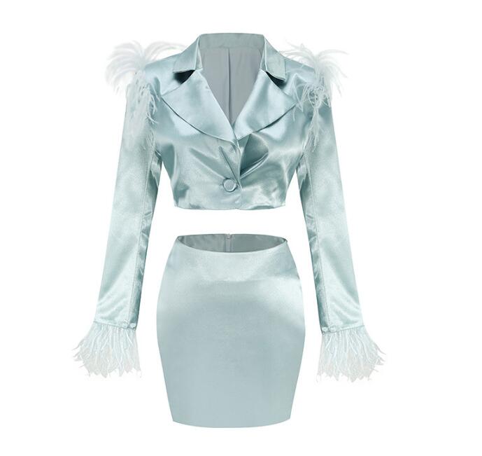 UNIKCOSA Velora Feather Trim Blazer And Skirt Set 💫