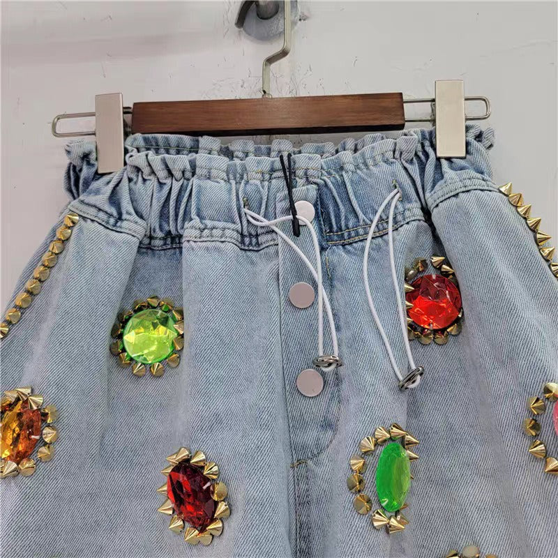 UNIKCOSA GemEdge High-Waist Diamond Beaded Denim Shorts for Women 💎