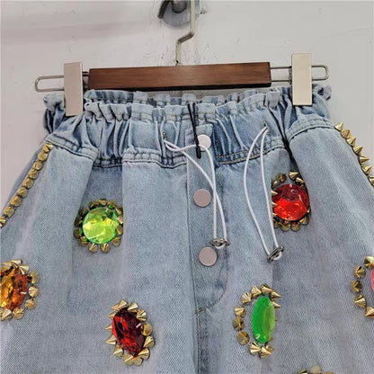 UNIKCOSA GemEdge High-Waist Diamond Beaded Denim Shorts for Women 💎