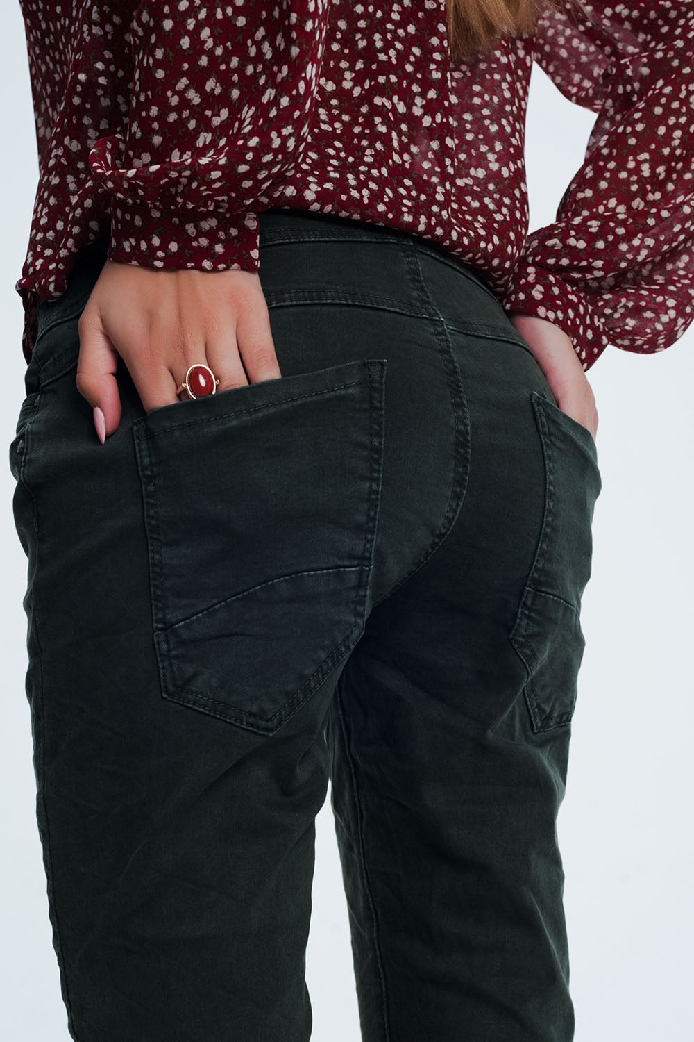 Drop crotch skinny jean in khaki