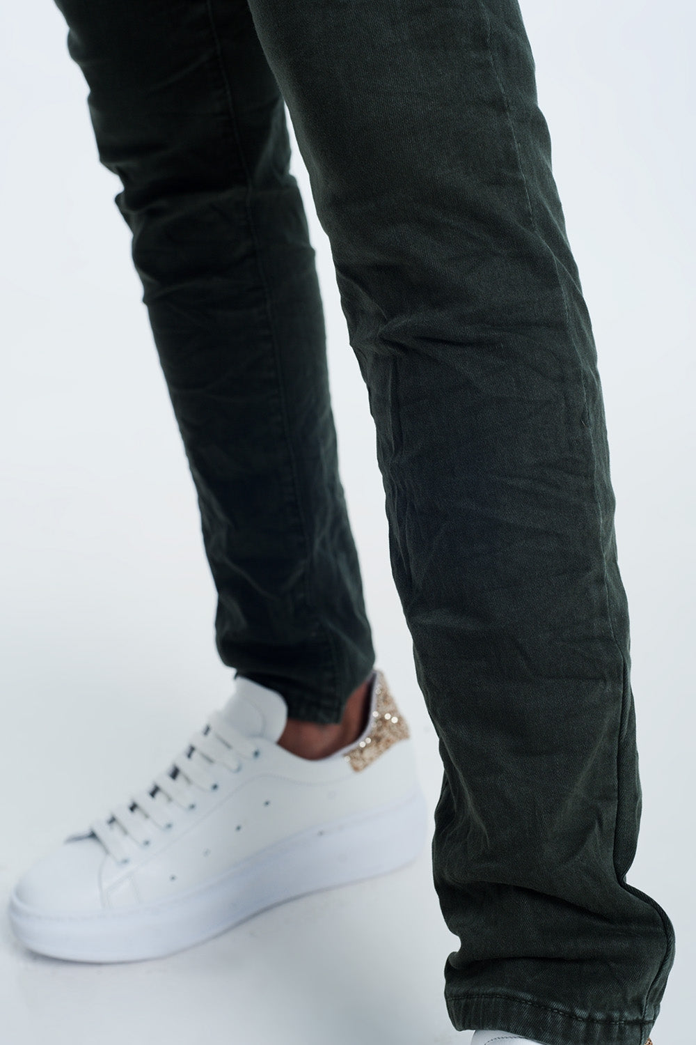 Drop crotch skinny jean in khaki
