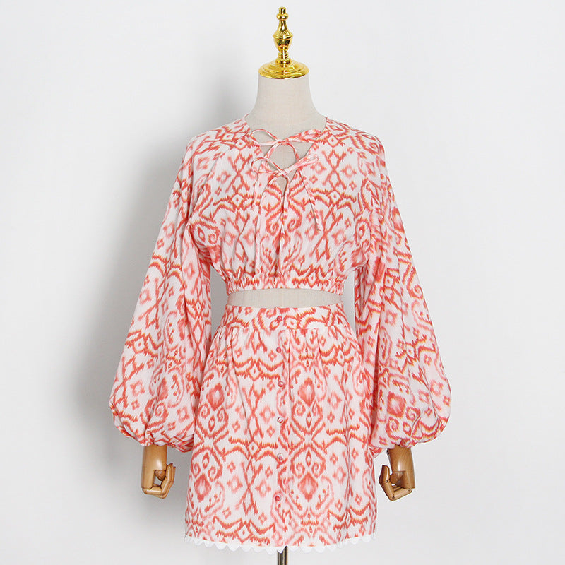 UNIKCOSA SoleilTie V-Neck Blouse & Slit Skirt Set