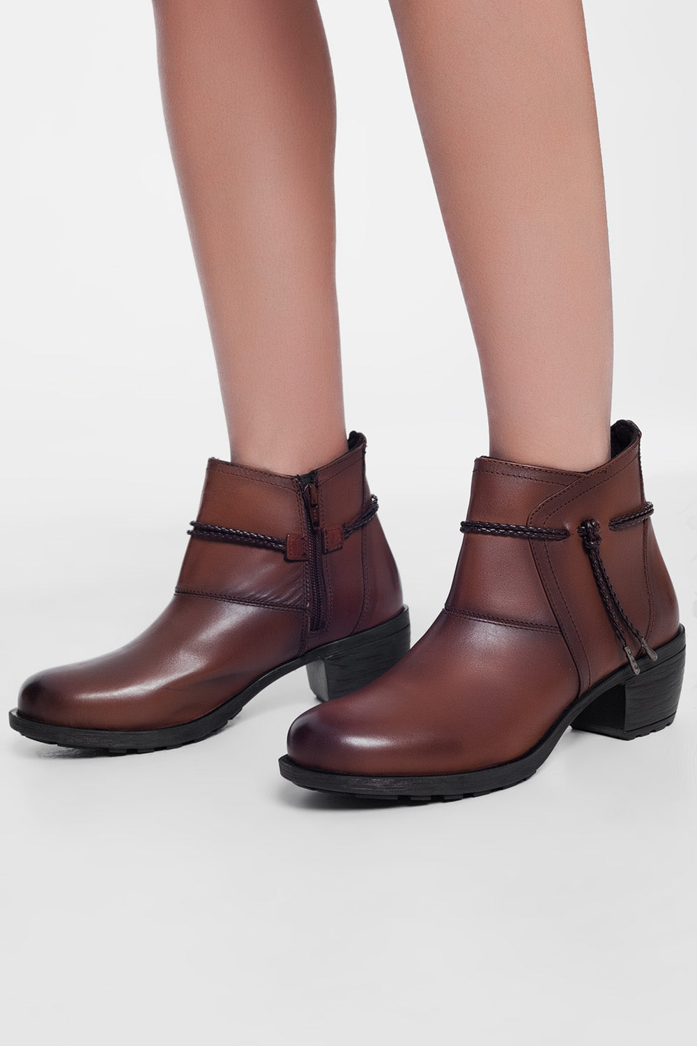Brown blocked mid heeled ankle boots with round toe