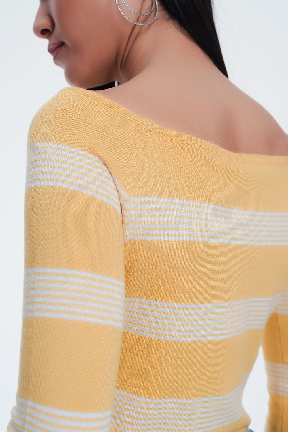 yellow striped sweater with boat neck