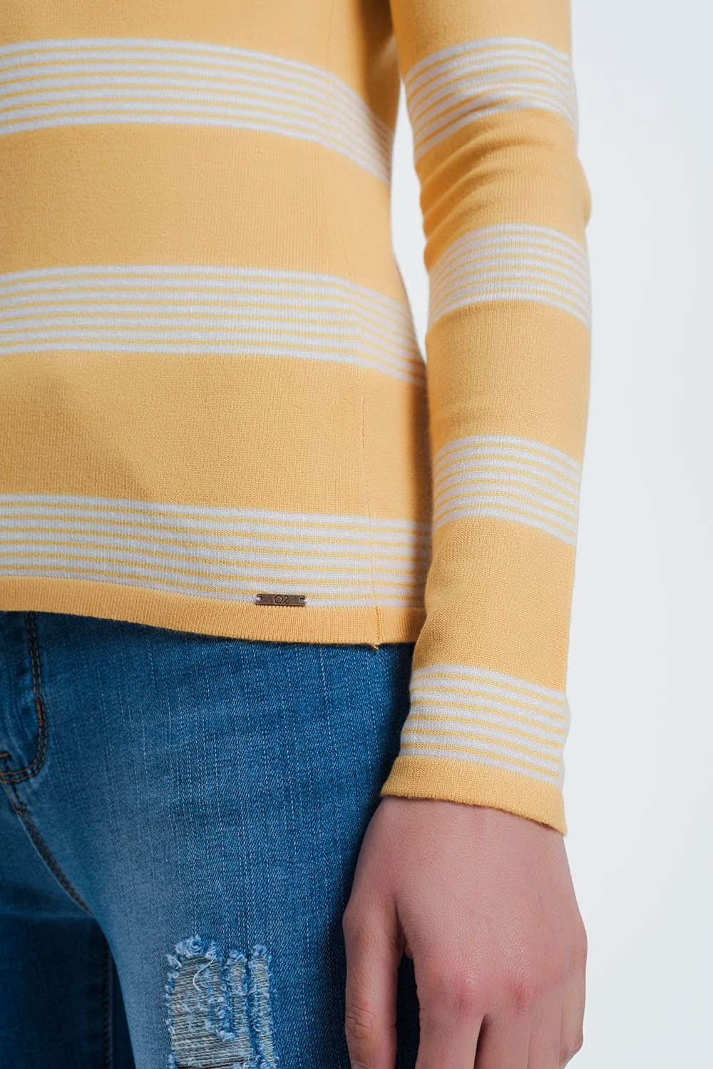 yellow striped sweater with boat neck