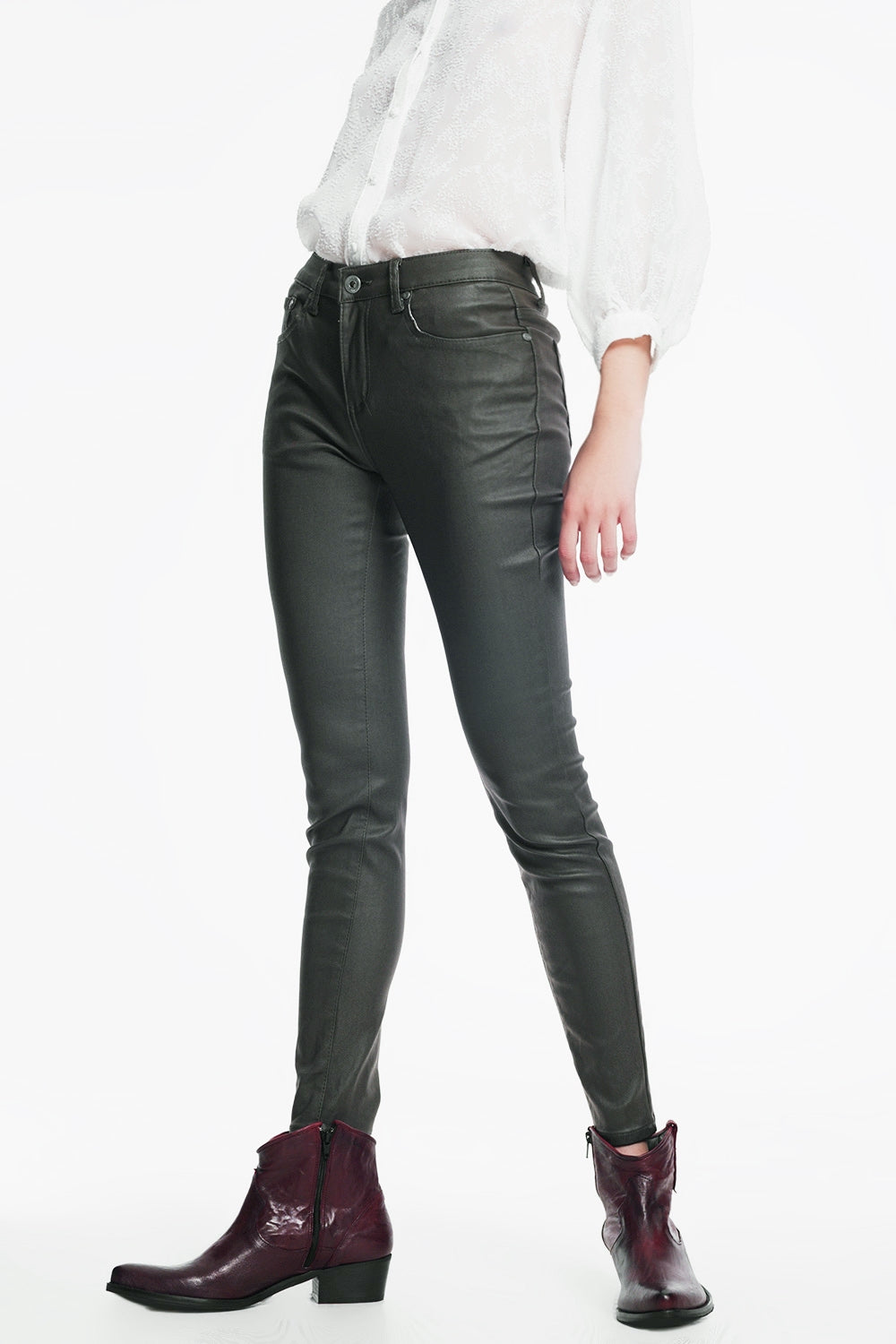 coated pants in khaki