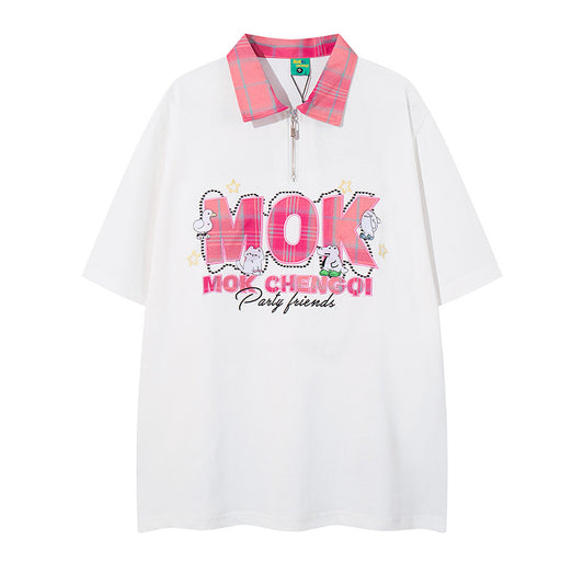 UNIKCOSA RetroMuse Patchwork Collar Half Zip Tee Unisex 💫