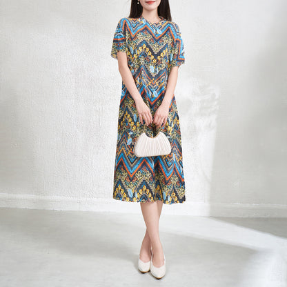 UNIKCOSA Velora Retro Pleated Midi Dress Literary Print 💫