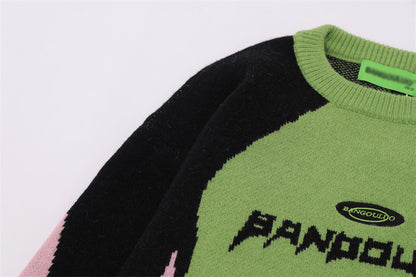 UNIKCOSA Contrast Jacquard Knit Sweater – Blue & Green Street Style Winter Essential