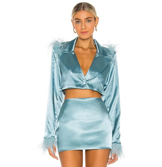 UNIKCOSA Velora Feather Trim Blazer And Skirt Set 💫