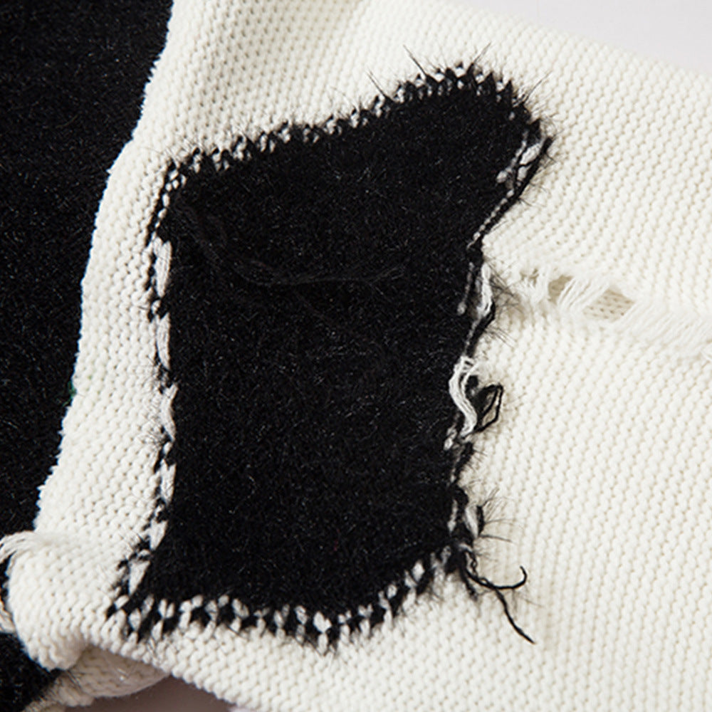 UNIKCOSA Color Contrast Patchwork Sweater – Black & White Street Knit for Men