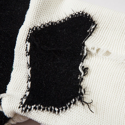 UNIKCOSA Color Contrast Patchwork Sweater – Black & White Street Knit for Men