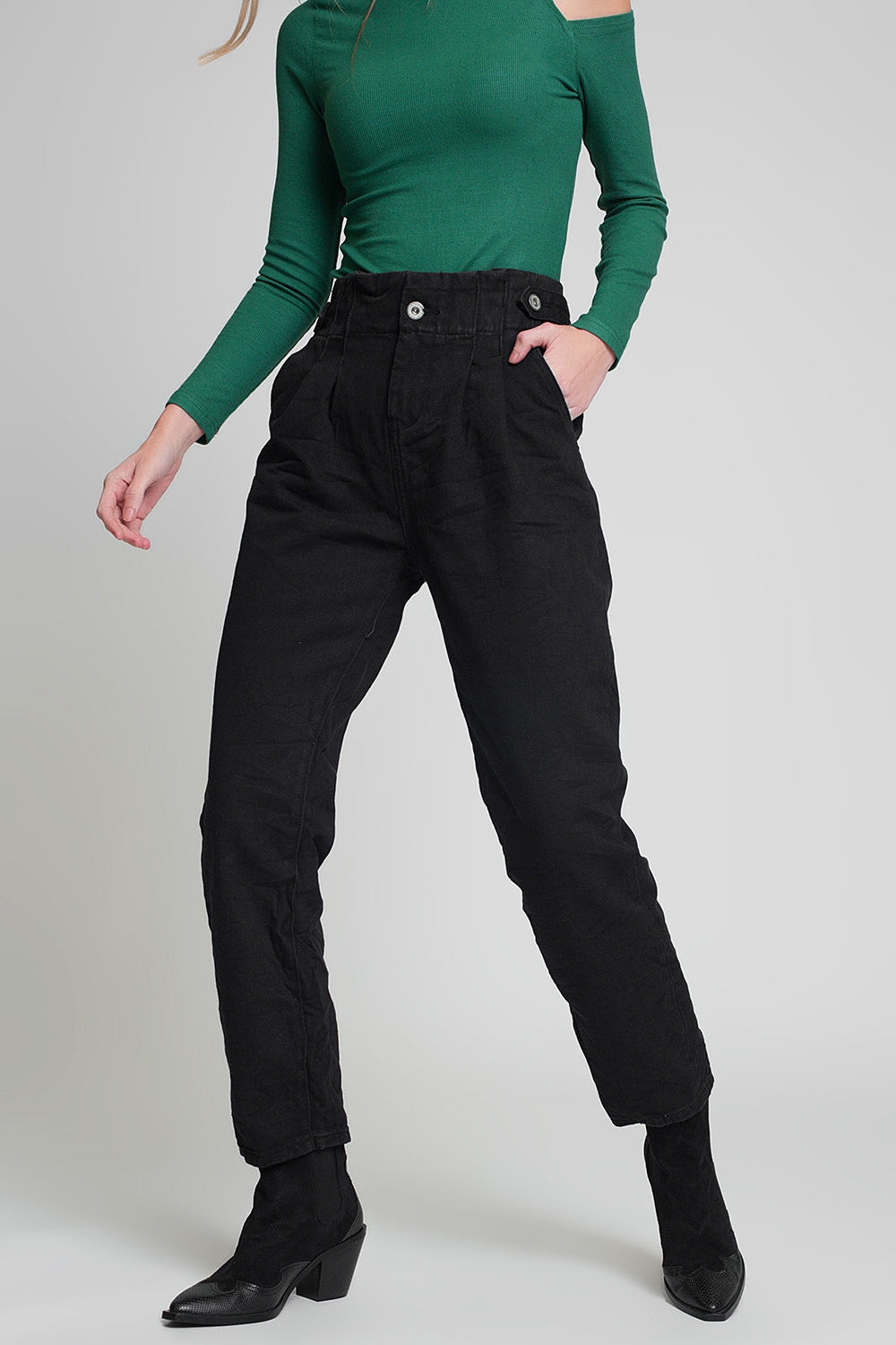 Jeans with paper bag waist and button details in black