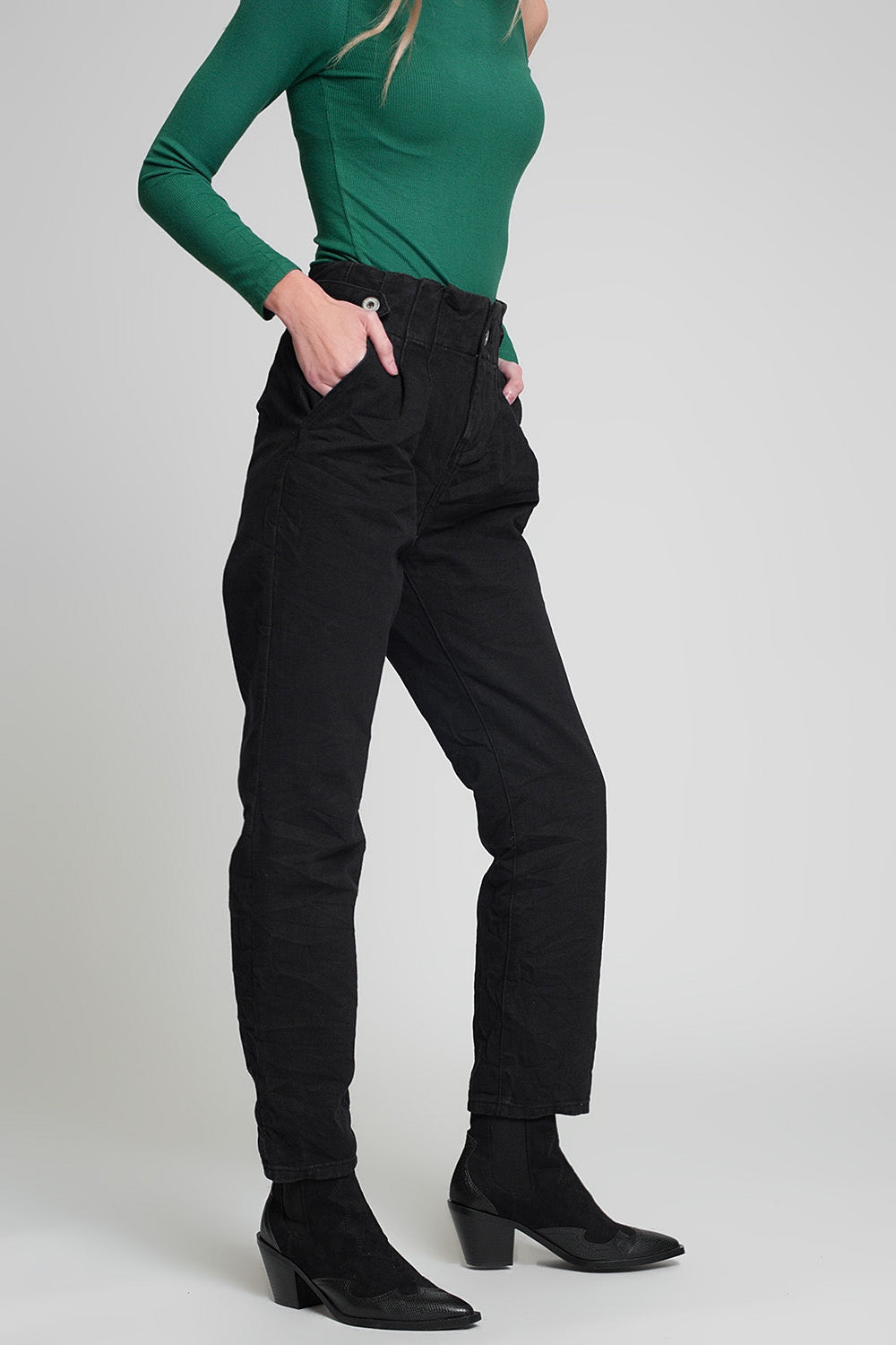 Jeans with paper bag waist and button details in black