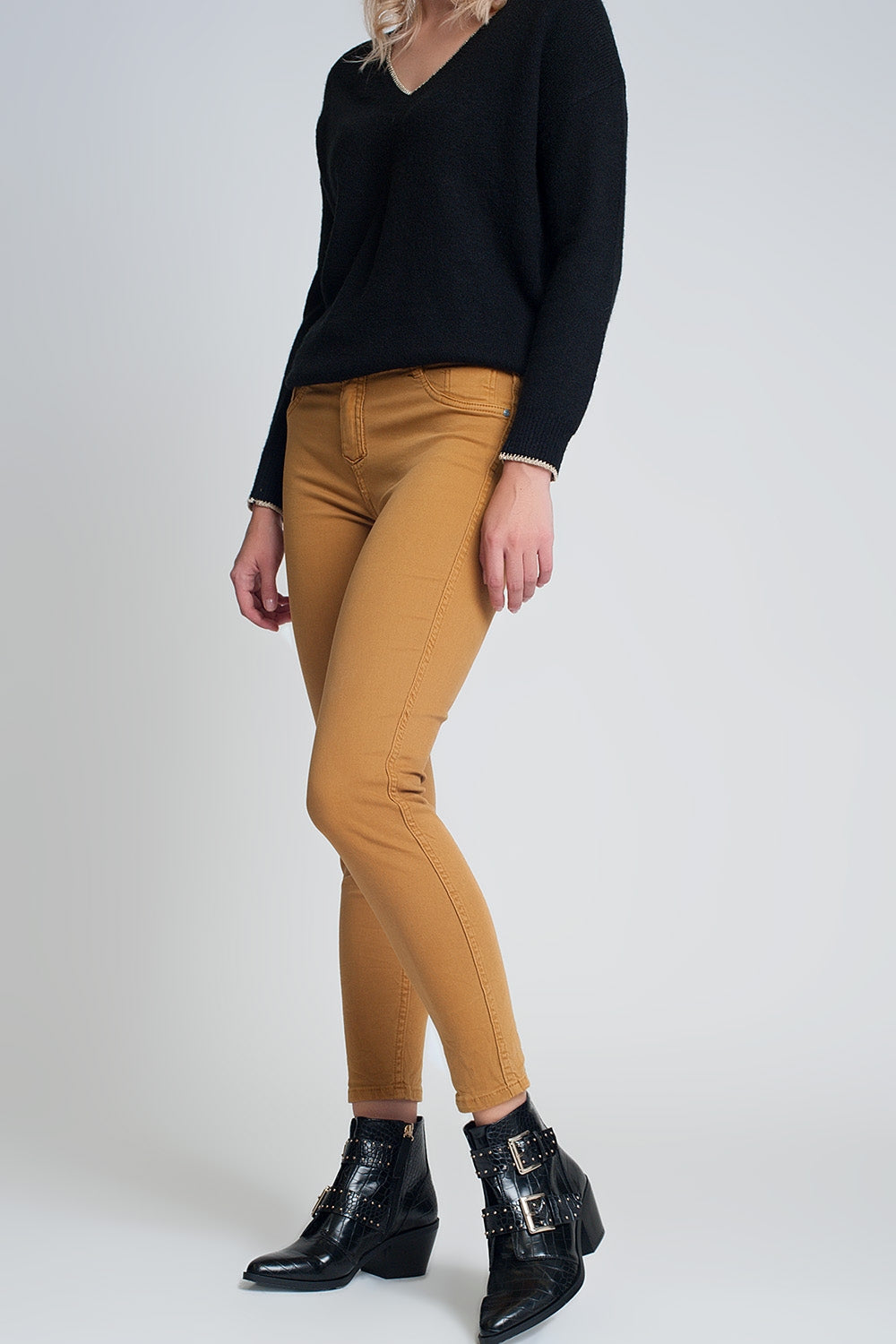 Mustard super skinny reversible pants with snake print