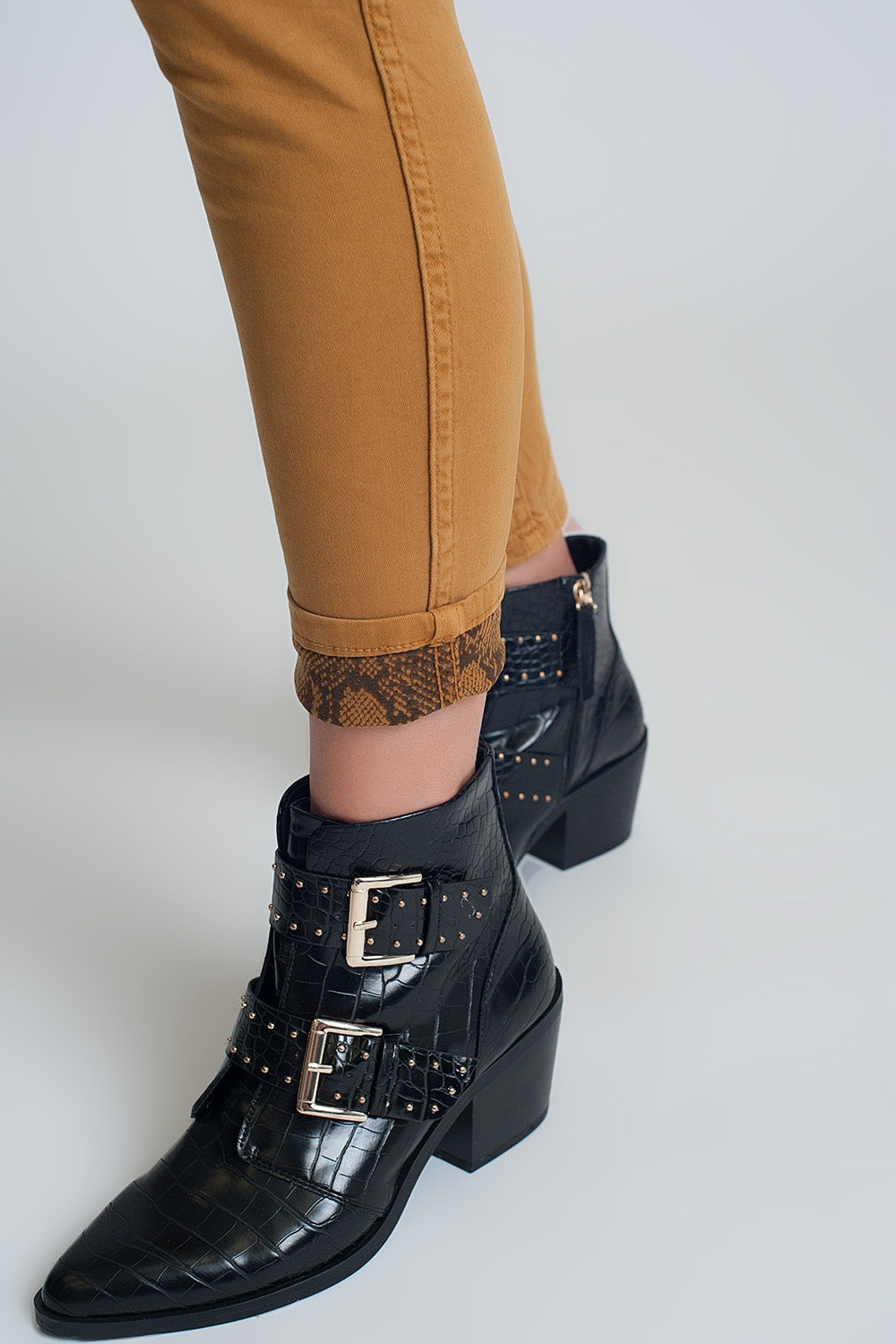 Mustard super skinny reversible pants with snake print