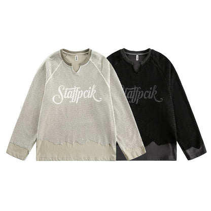 UNIKCOSA NoirFit Hollow Out Damaged Mesh Spliced Sweatshirt💫