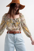 Long sleeve sheer top with shirred waist and tie detail in cachemir