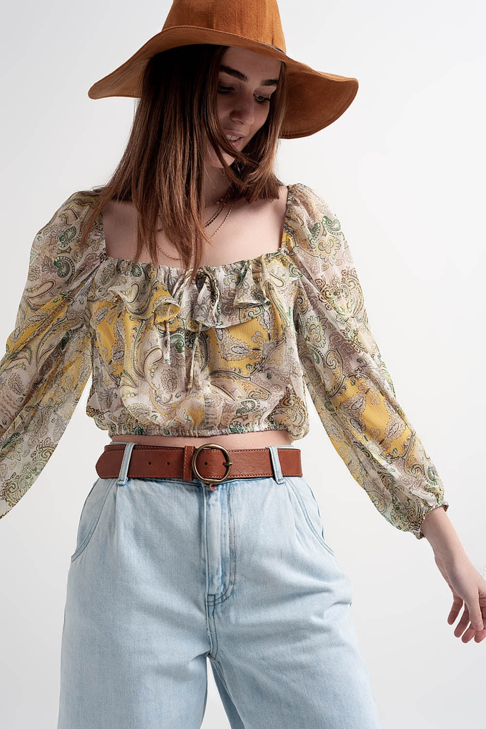 Long sleeve sheer top with shirred waist and tie detail in cachemir