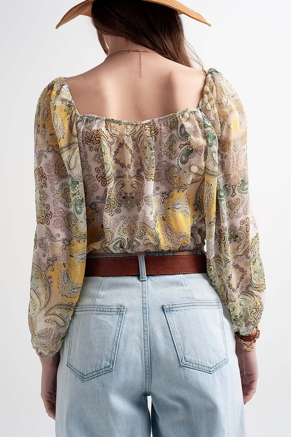 Long sleeve sheer top with shirred waist and tie detail in cachemir