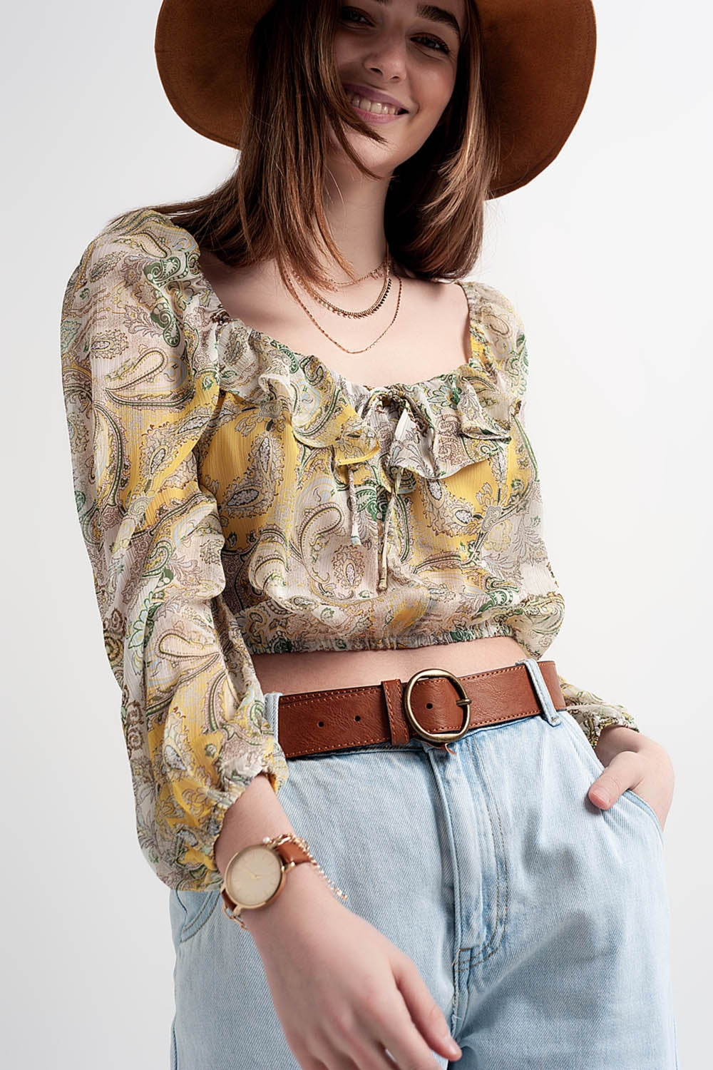 Long sleeve sheer top with shirred waist and tie detail in cachemir