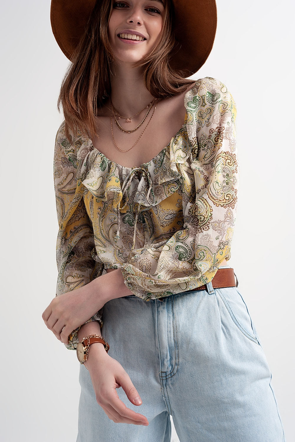 Long sleeve sheer top with shirred waist and tie detail in cachemir