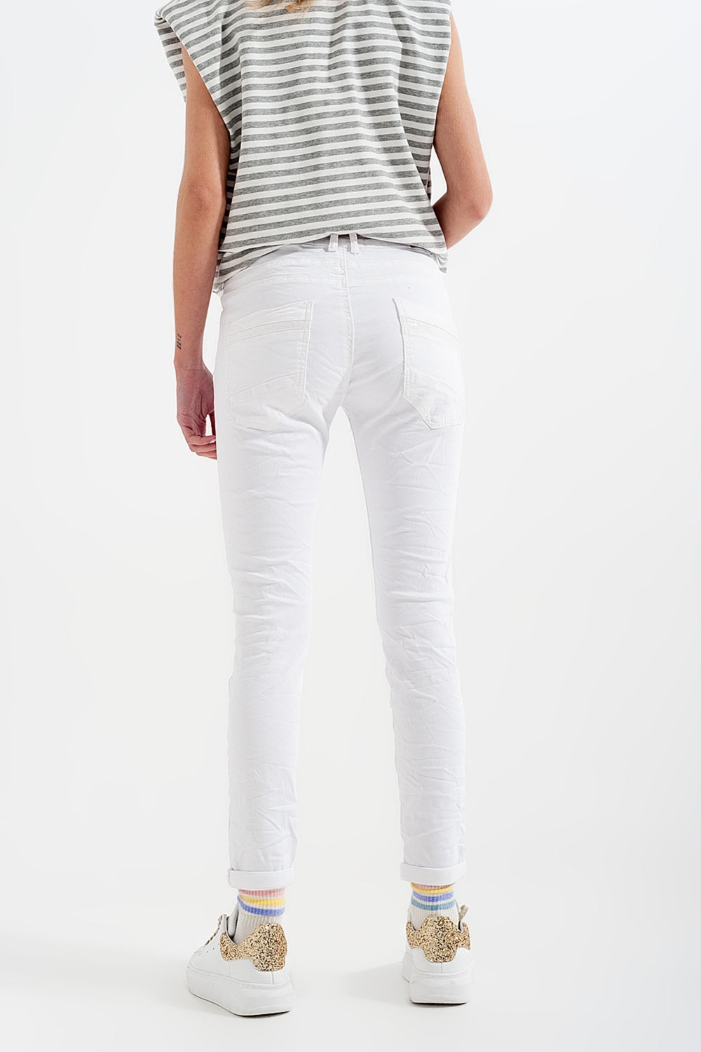 White boyfriend pants with sequin pocket detail