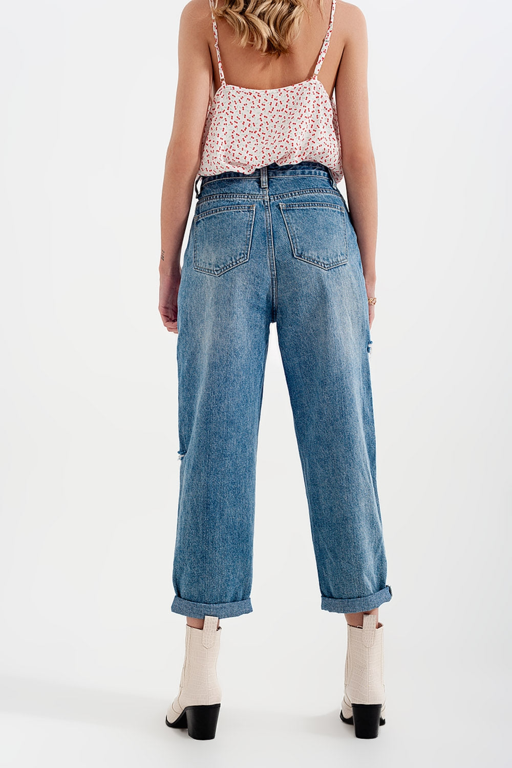 Relaxed fit side rip jeans in mid blue
