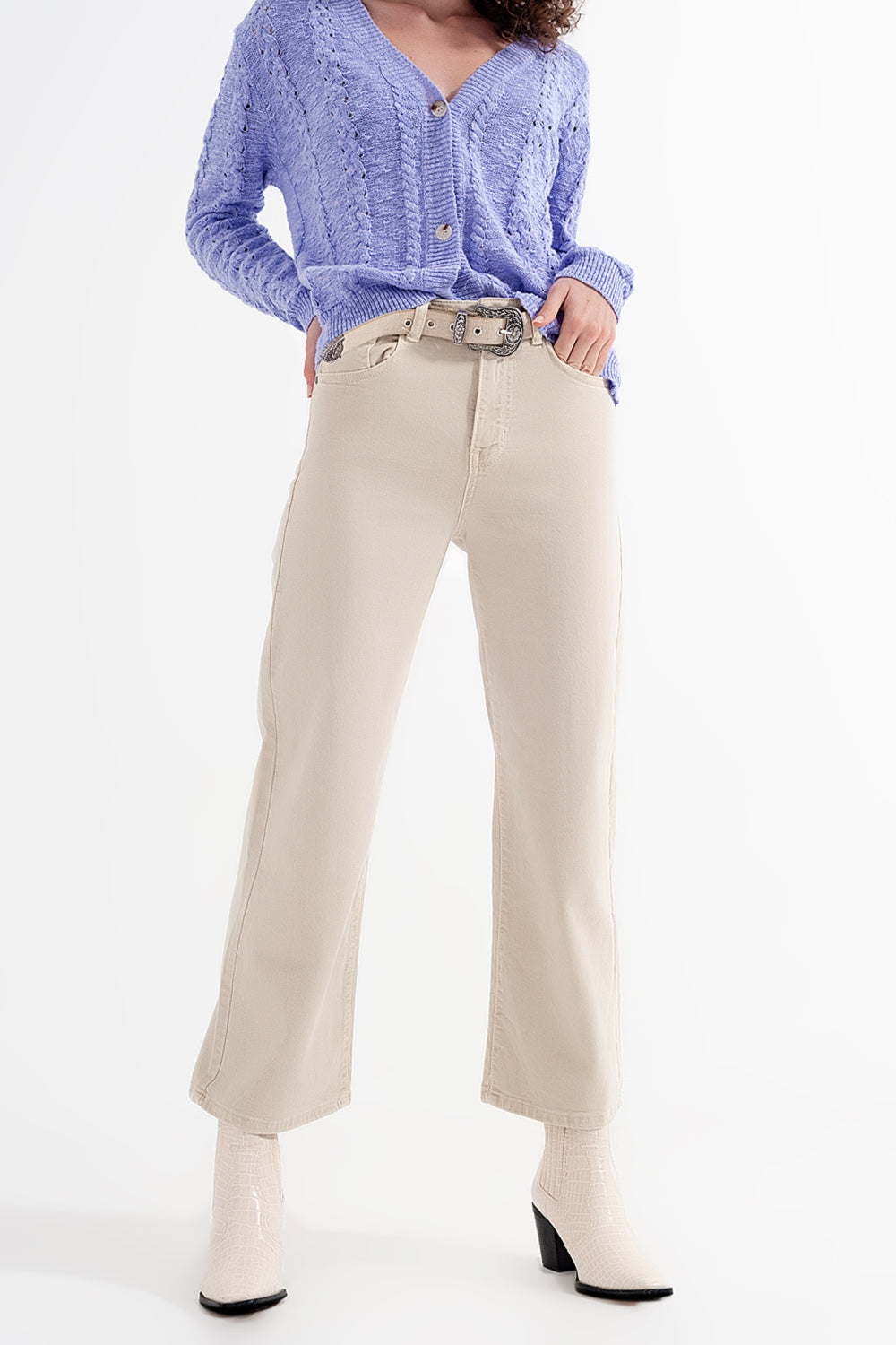 Cropped wide leg jeans in beige