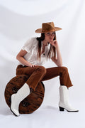 High rise raw hem flared jeans in brown