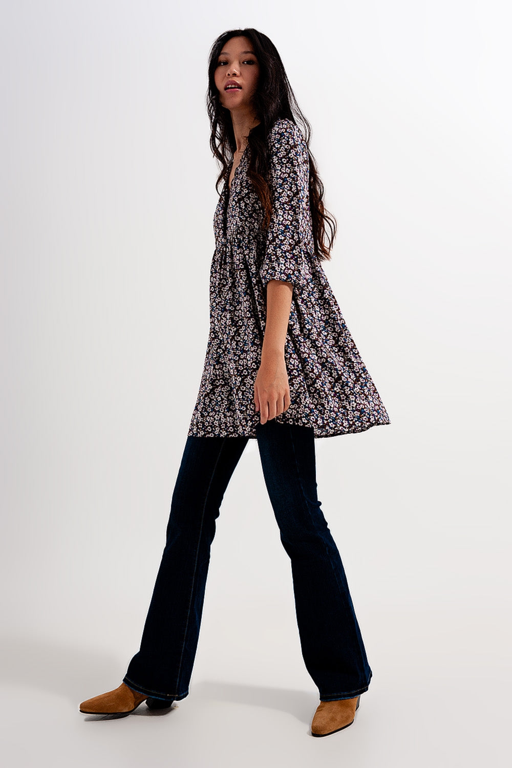 Button through mini dress in brown floral